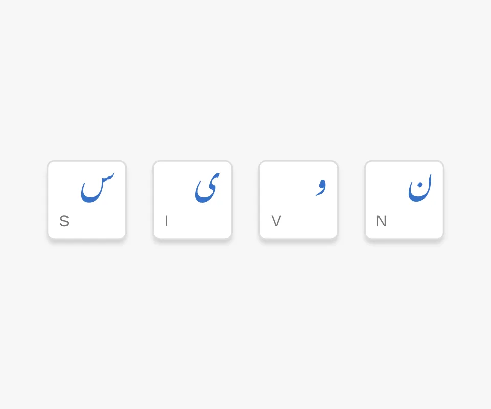 سُرمئی پس‌منظر پر کی‌بورڈ کی چار کلیدیں۔ ہر کلید پر ایک اردو حرف اور اُس کا انگریزی میں صوتی متبادل لکھا ہے: ن، N؛ و، V؛ ی، I؛ س، S۔
