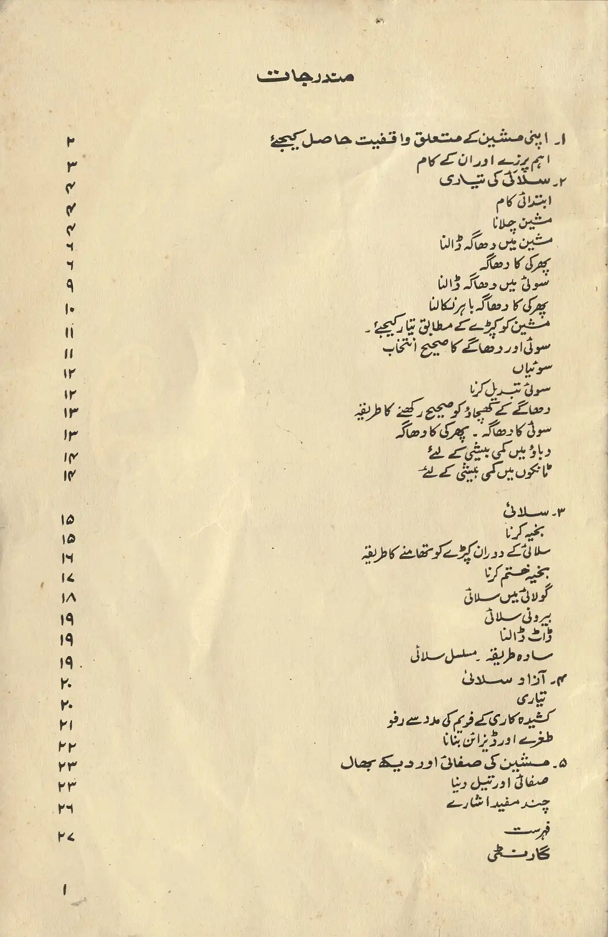 کِتابچے کے عنوانات کا جدوَل۔ مرکزی سرخی (”مندرجات“) اور ذیلی سرخیاں ہندوستانی نسخ میں لکھی گئی ہیں؛ باقی تمام متن دہلوی نستعلیق میں ہے۔